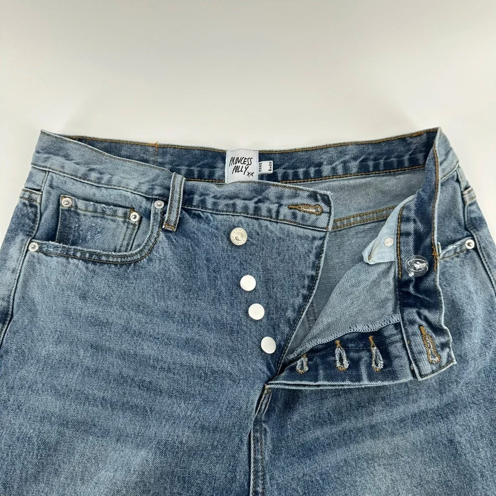 Princess Polly Button Fly Jeans Womens 8 Blue Denim High Rise Straight Whisker